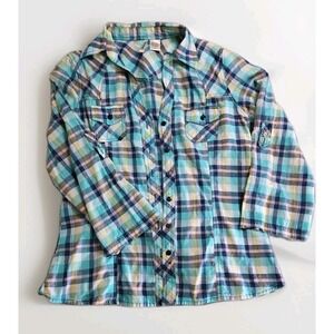 Passport Juniors L Plaid Western Shirt Cowgirl Button-down Roll Tab Sleeves #335